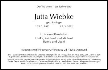 Traueranzeige von Jutta Wiebke von Neue Westfälische