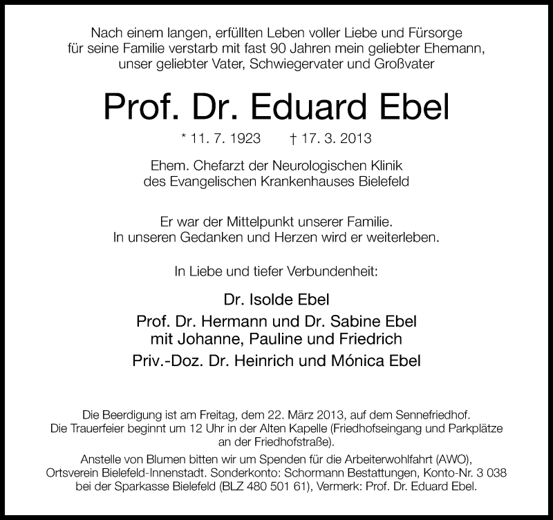  Traueranzeige für Eduard Ebel vom 20.03.2013 aus Neue Westfälische