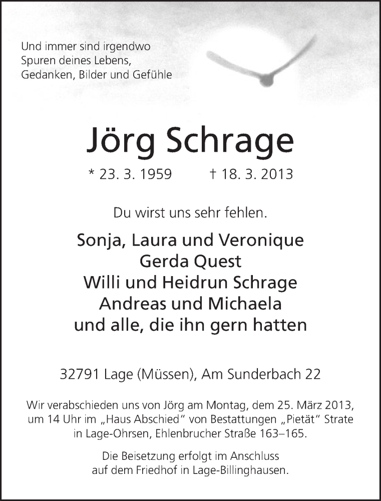  Traueranzeige für Jörg Schrage vom 20.03.2013 aus Neue Westfälische