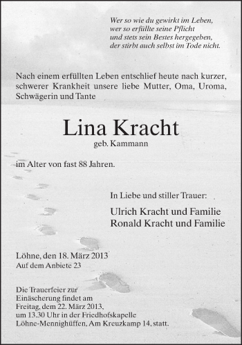 Traueranzeige von Lina Kracht von Neue Westfälische