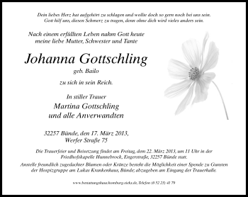 Traueranzeige von Johanna Gottschling von Neue Westfälische