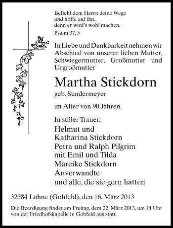 Traueranzeige von Martha Stickdorn von Neue Westfälische