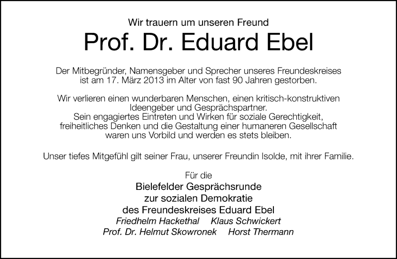  Traueranzeige für Eduard Ebel vom 20.03.2013 aus Neue Westfälische