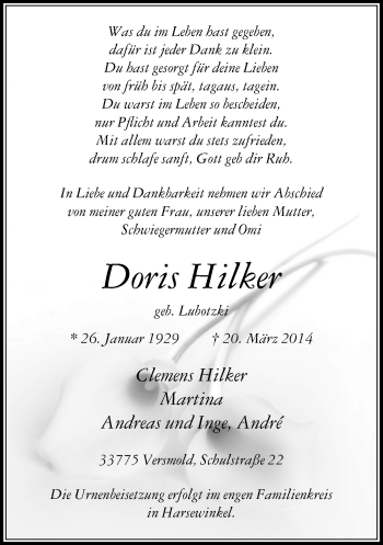 Traueranzeige von Doris Hilker von Neue Westfälische