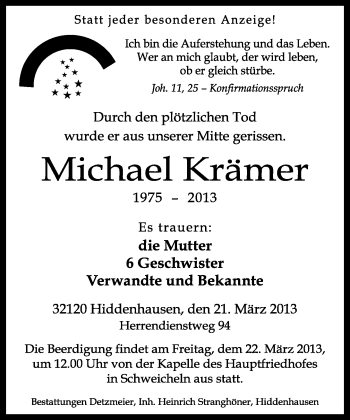 Traueranzeige von Michael Krämer von Neue Westfälische