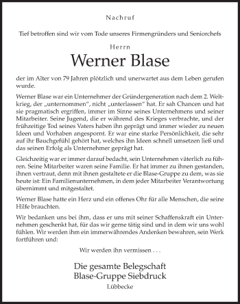 Traueranzeige von Werner Blase von Neue Westfälische