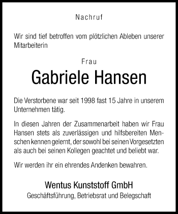 Traueranzeige von Gabriele Hansen von Neue Westfälische