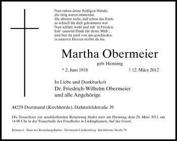 Traueranzeige von Martha Obermeier von Neue Westfälische