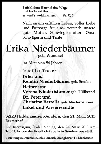 Traueranzeige von Erika Niederbäumer von Neue Westfälische