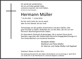 Traueranzeige von Hermann Müller von Neue Westfälische