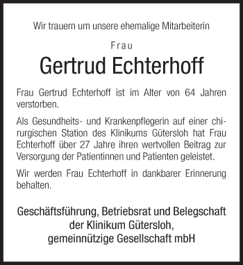 Traueranzeige von Gertrud Echterhoff von Neue Westfälische