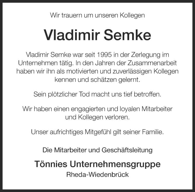  Traueranzeige für Vladimir Semke vom 01.05.2015 aus Neue Westfälische