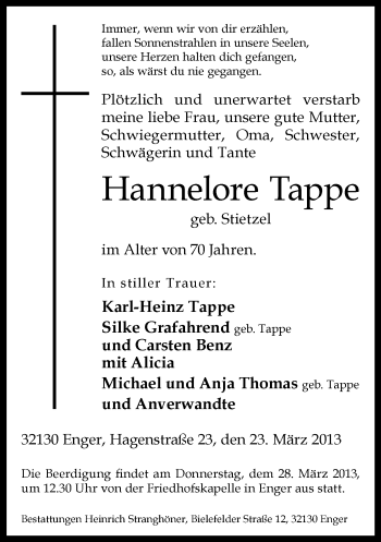 Traueranzeige von Hannelore Tappe von Neue Westfälische