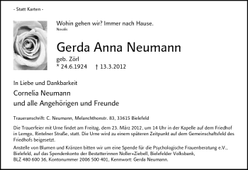 Traueranzeige von Gerda Anna Neumann von Neue Westfälische