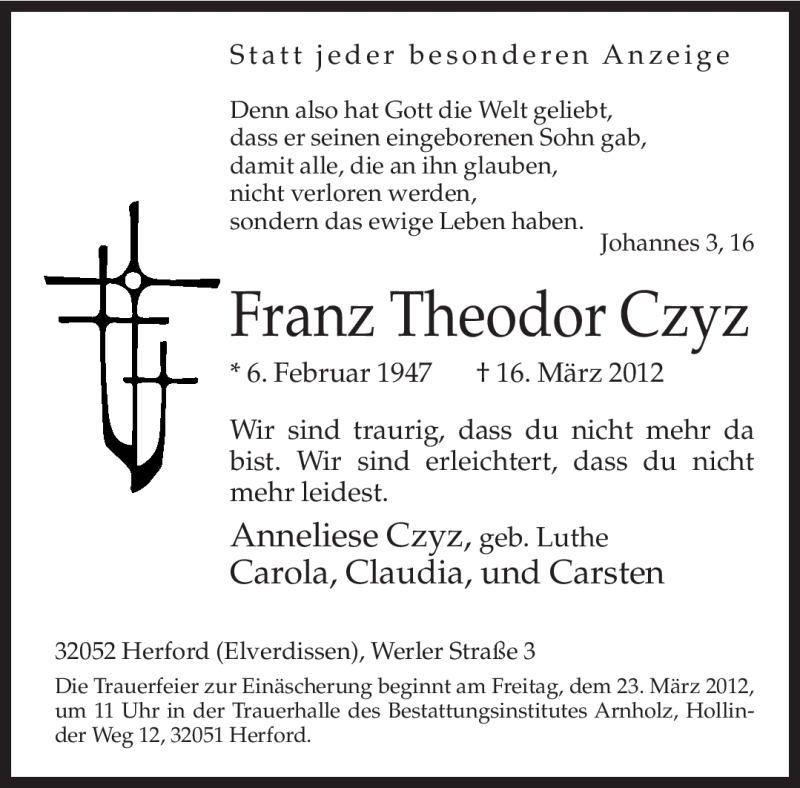  Traueranzeige für Franz Theodor Czyz vom 19.03.2012 aus Neue Westfälische