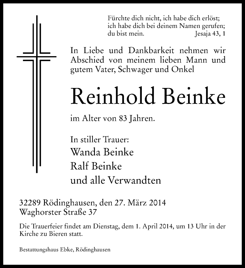  Traueranzeige für Reinhold Beinke vom 29.03.2014 aus Neue Westfälische