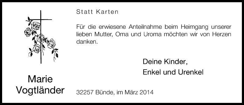  Traueranzeige für Marie Vogtländer vom 29.03.2014 aus Neue Westfälische