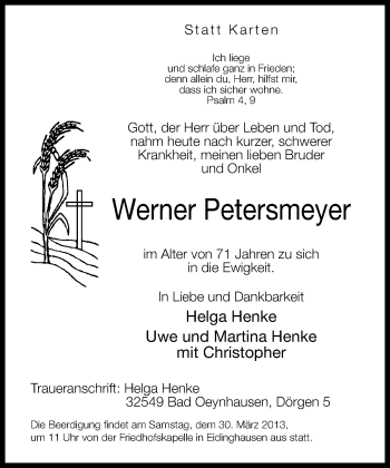 Traueranzeige von Werner Petersmeyer von Neue Westfälische