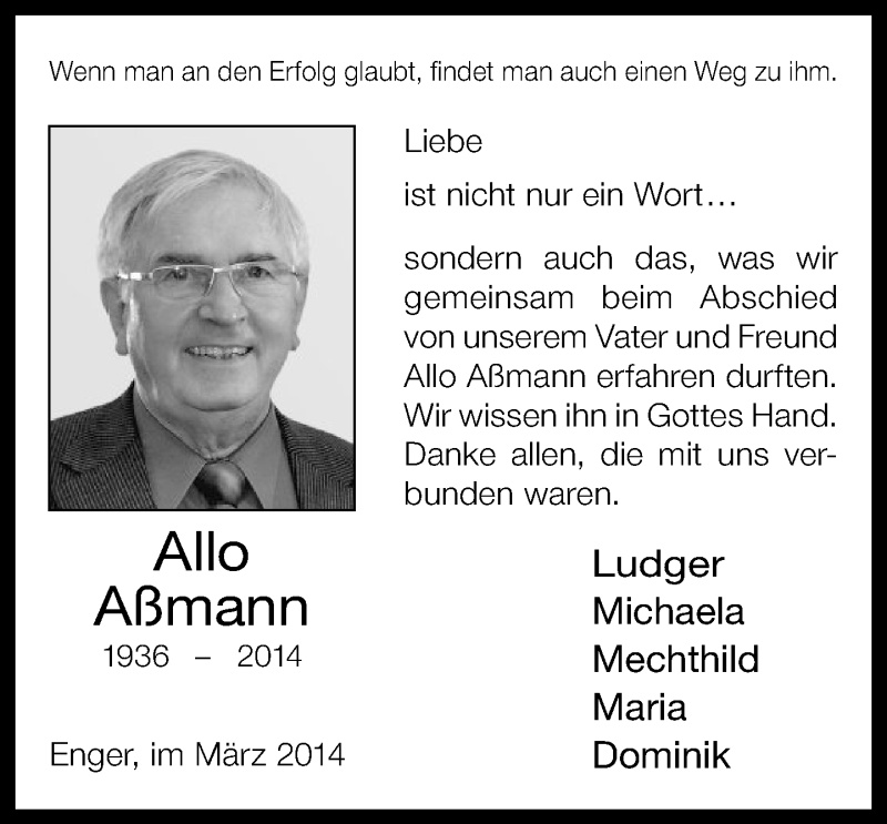  Traueranzeige für Allo Aßmann vom 29.03.2014 aus Neue Westfälische