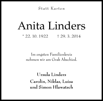 Traueranzeige von Anita Linders von Neue Westfälische