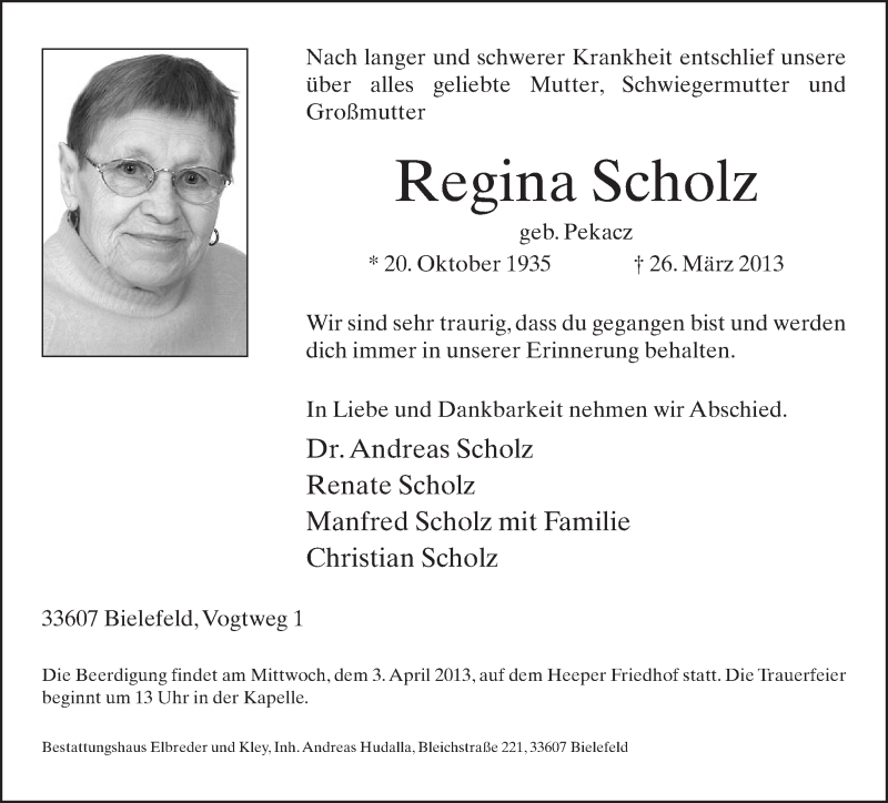  Traueranzeige für Regina Scholz vom 29.03.2013 aus Neue Westfälische
