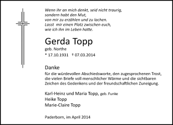 Traueranzeige von Gerda Topp von Neue Westfälische