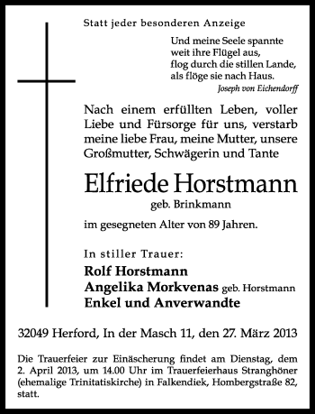 Traueranzeige von Elfriede Horstmann von Neue Westfälische