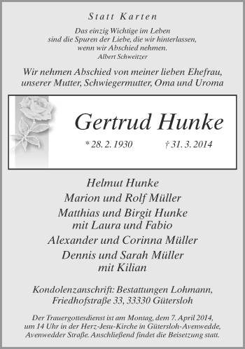 Traueranzeige von Gertrud Hunke von Neue Westfälische