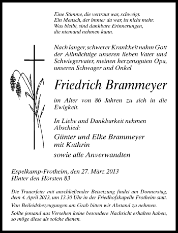 Traueranzeige von Friedrich Brammeyer von Neue Westfälische