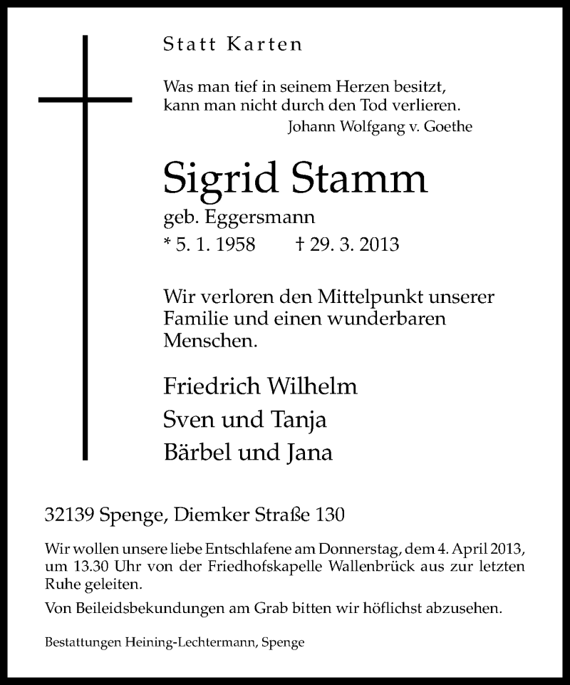  Traueranzeige für Sigrid Stamm vom 02.04.2013 aus Neue Westfälische