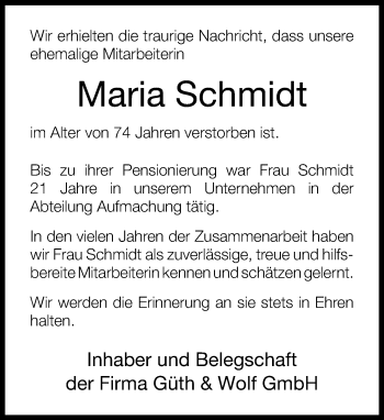 Traueranzeige von Maria Schmidt von Neue Westfälische