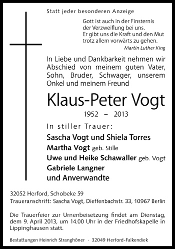 Traueranzeige von Klaus-Peter Vogt von Neue Westfälische