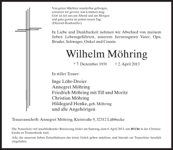 Traueranzeige von Wilhelm Möhring von Neue Westfälische