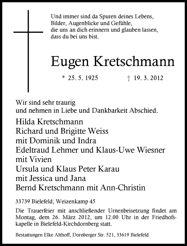  Traueranzeige für Eugen Kretschmann vom 24.03.2012 aus Neue Westfälische