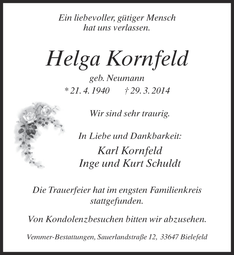 Traueranzeige für Helga Kornfeld vom 08.04.2014 aus Neue Westfälische