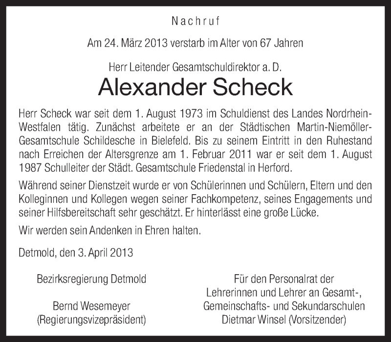  Traueranzeige für Alexander Scheck vom 06.04.2013 aus Neue Westfälische