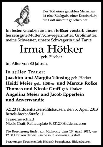 Traueranzeige von Irma Hötker von Neue Westfälische