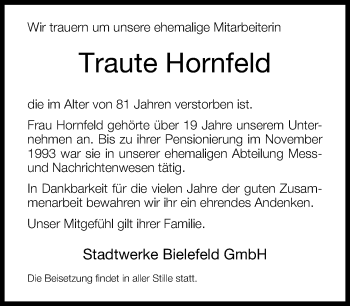 Traueranzeige von Traute Hornfeld von Neue Westfälische