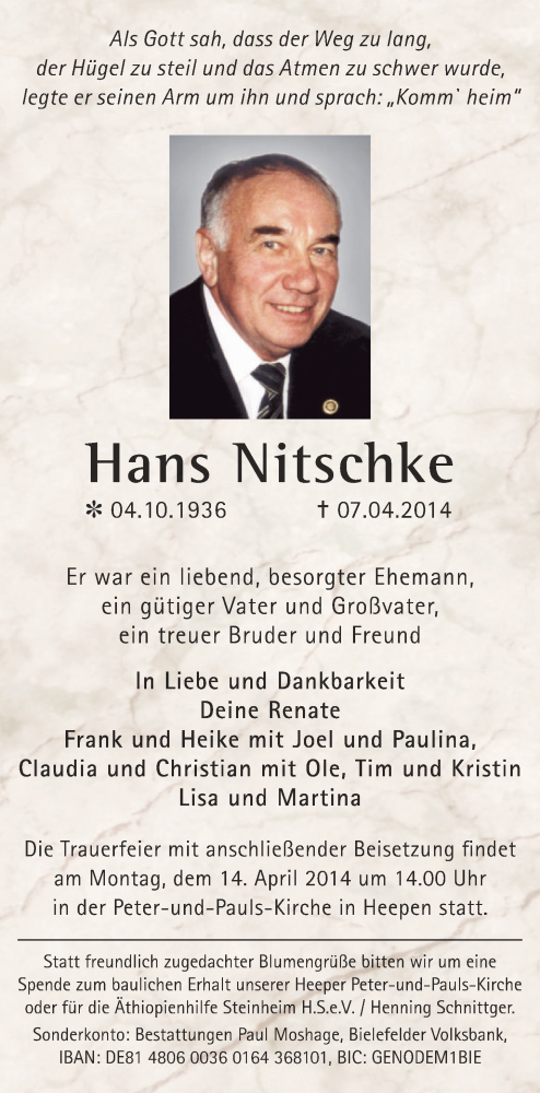  Traueranzeige für Hans Nitschke vom 10.04.2014 aus Neue Westfälische