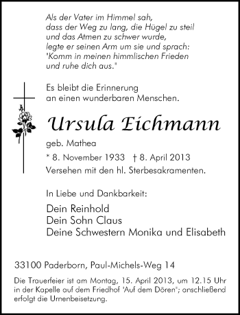 Traueranzeige von Ursula Eichmann von Neue Westfälische