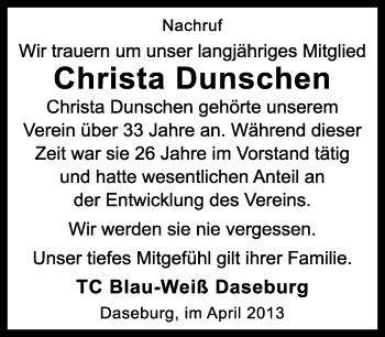 Traueranzeige von Christa Dunschen von Neue Westfälische