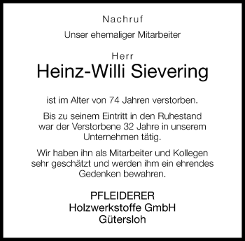 Traueranzeige von Heinz-Will Sievering von Neue Westfälische