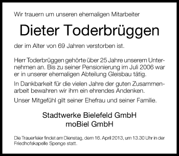 Traueranzeige von Dieter Toderbrüggen von Neue Westfälische