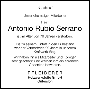 Traueranzeige von Antonio Rubio Serrano von Neue Westfälische