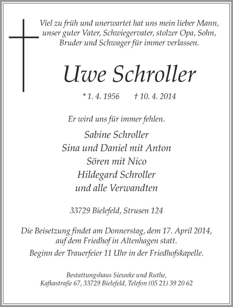  Traueranzeige für Uwe Schroller vom 14.04.2014 aus Neue Westfälische