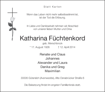 Traueranzeige von Katharina Füchtenkord von Neue Westfälische