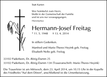 Traueranzeige von Hermann-Josef Freitag von Neue Westfälische