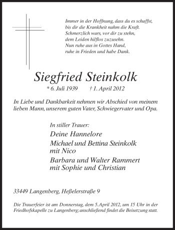 Traueranzeige von Siegfried Steinkolk von Neue Westfälische