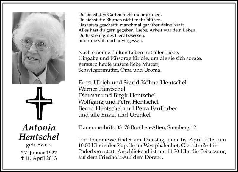  Traueranzeige für Antonia Hentschel vom 13.04.2013 aus Neue Westfälische