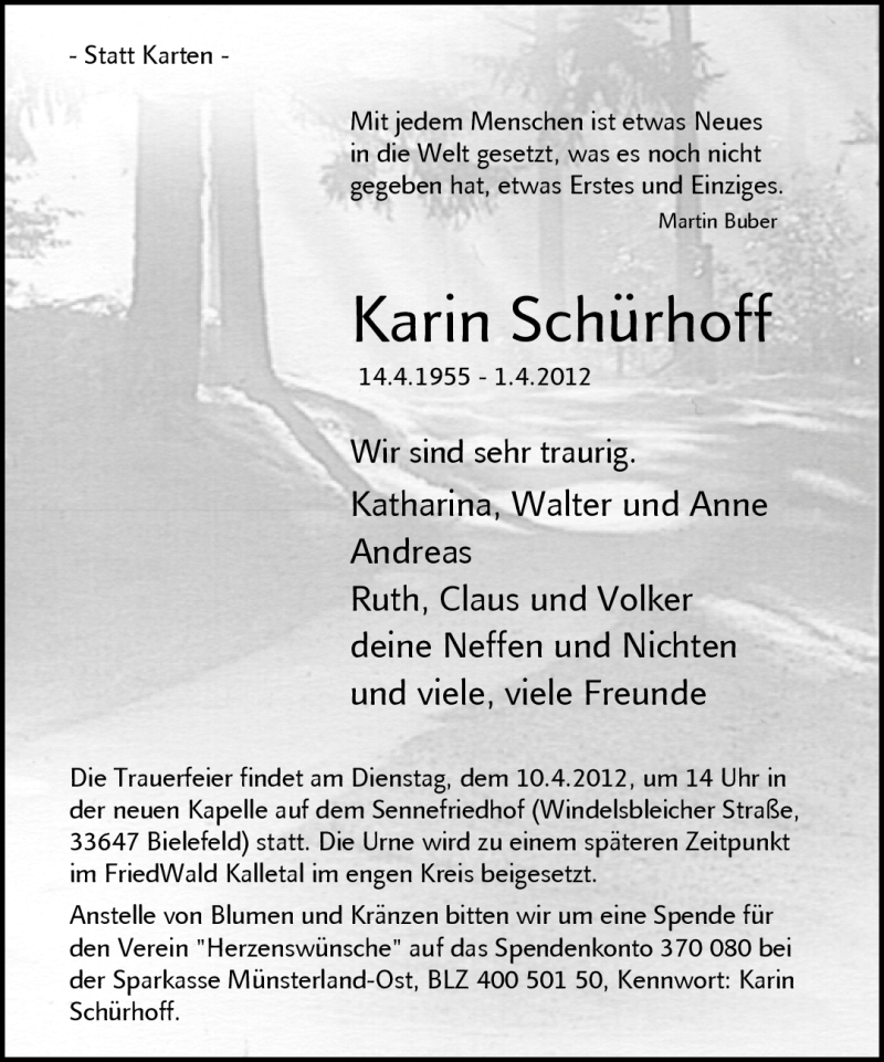  Traueranzeige für Karin Schürhoff vom 04.04.2012 aus Neue Westfälische